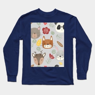 Woodland animals kids pattern grey background Long Sleeve T-Shirt